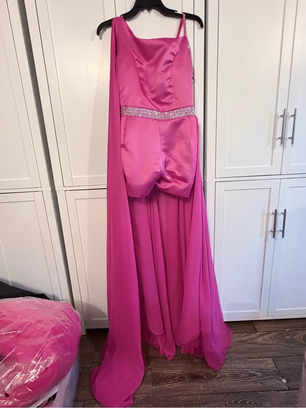 Girls' Fuchsia Satin & Chiffon cape fun fashion  with Rhinestone Waist